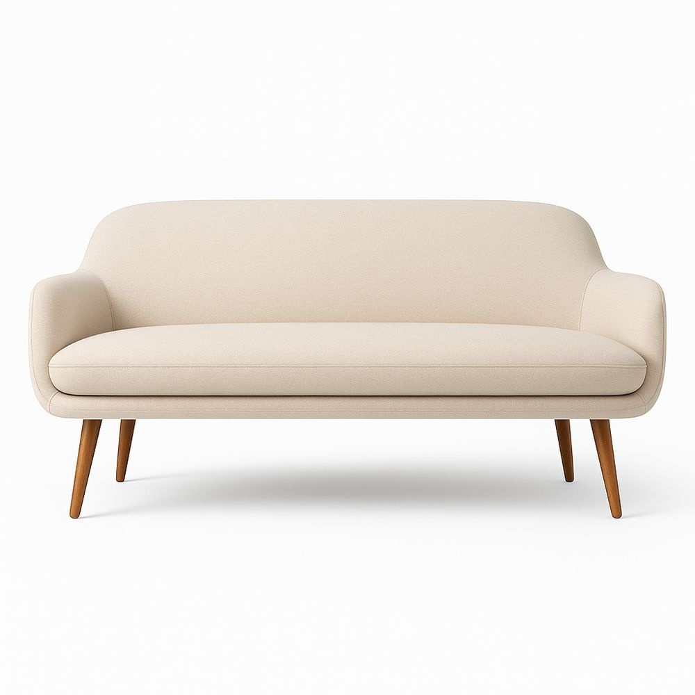 Sofá de dos plazas en tela de poliéster beige con patas de madera maciza, 155 cm