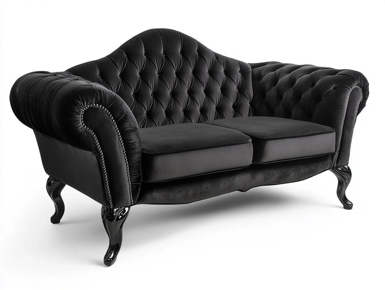 Sofá clásico tapizado de terciopelo negro para sala de estar dos plazas respaldo alto y patas de madera estilo vintage 180x95x105 cm