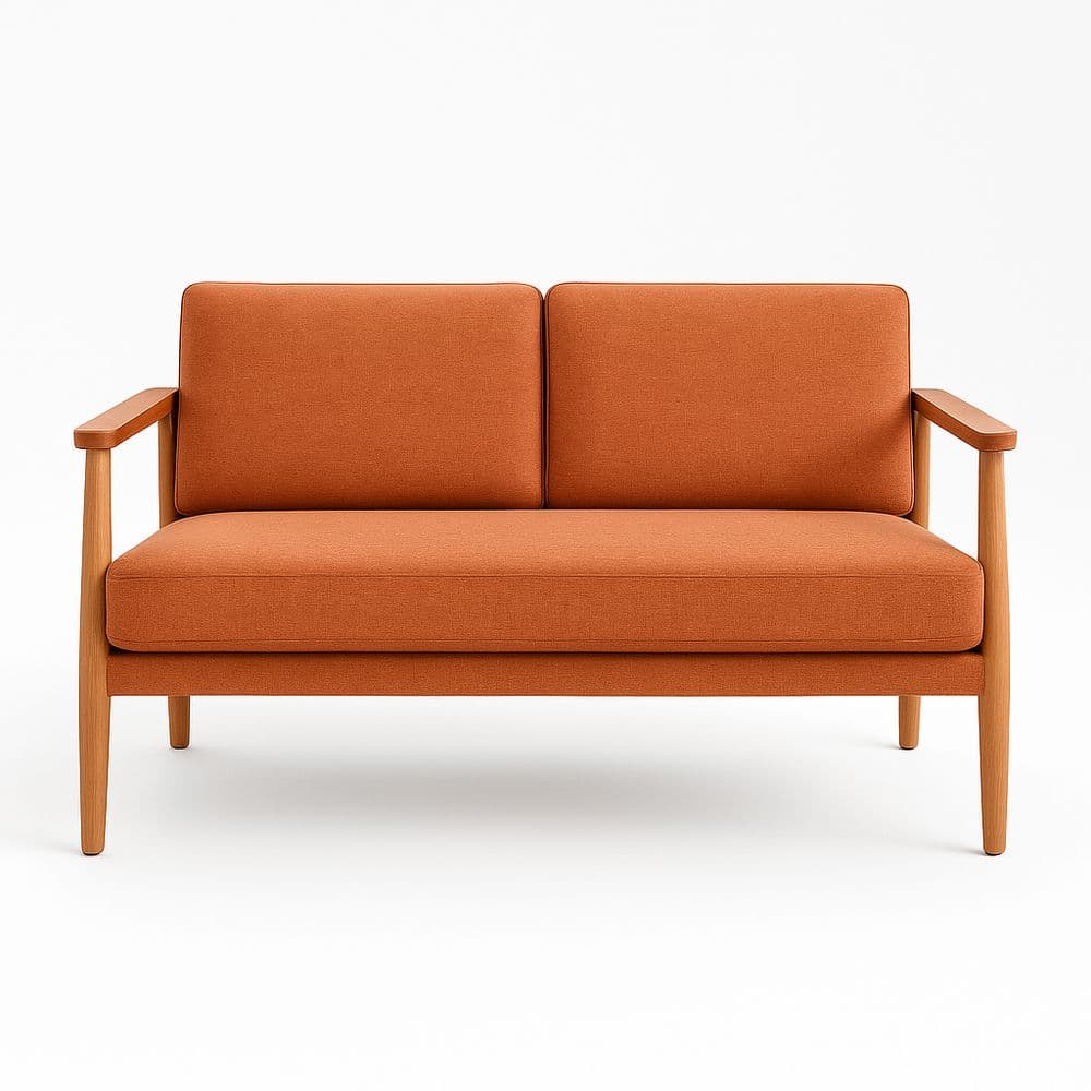 Sofá de dos plazas tapizado en tela naranja con estructura de madera 140x75x80 cm