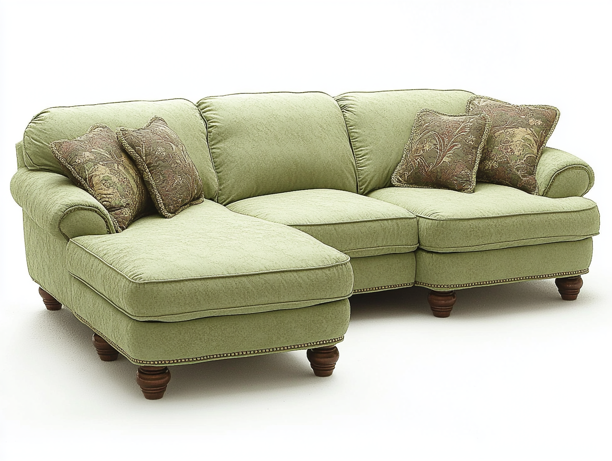 Sofá chaise longue clásico tapizado en tela verde con cojines decorativos y patas torneadas 240x165cm