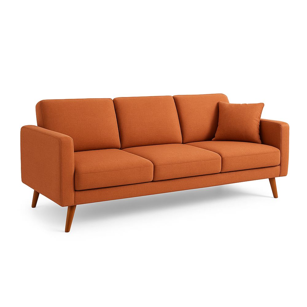 Sofá moderno de tres plazas en tela naranja, diseño escandinavo, estructura de madera, cómodo y elegante