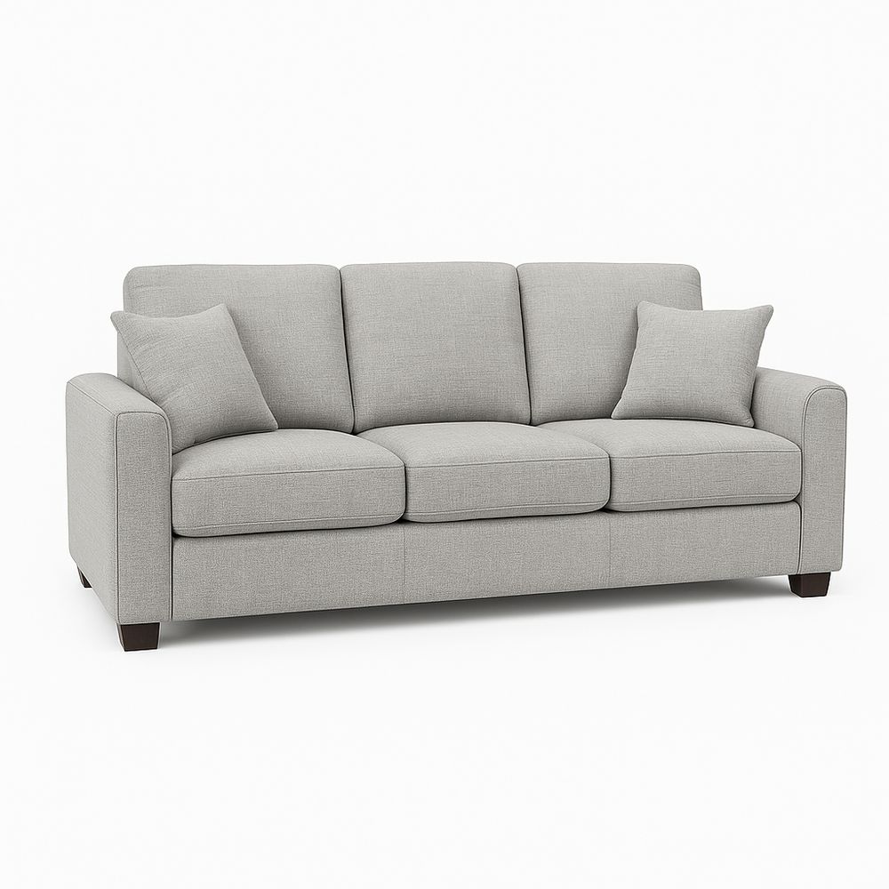 Sofá moderno de tres plazas, color gris, tapizado en tela suave, estilo contemporáneo, estructura de madera resistente