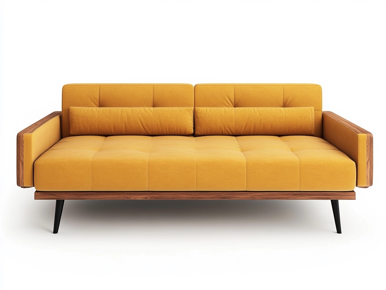 Sofá moderno amarillo mostaza de tres plazas con brazos de madera ideal para sala de estar tapizado en tela estructura robusta 210x90x80 cm DI0279826