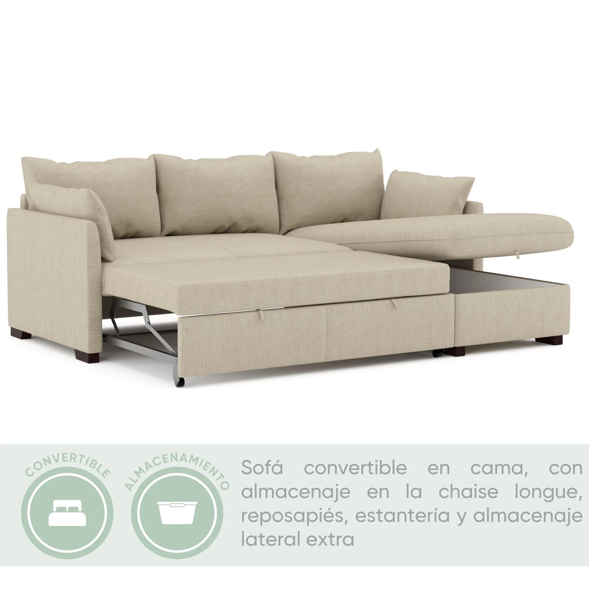 Sofá cama esquinero 4 plazas beige con arcón