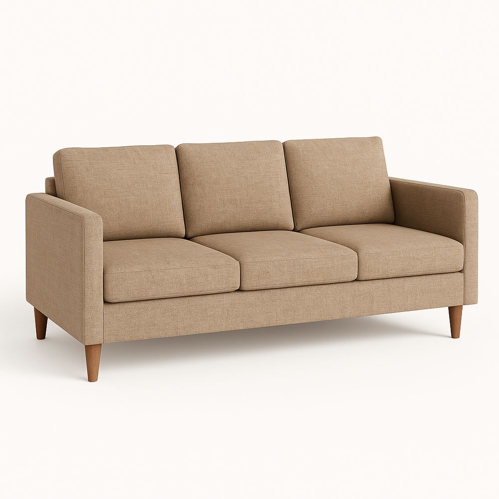 Sofa moderno de tres plazas en color beige, tapizado en tela resistente, estilo minimalista, estructura de madera, ideal para sala de estar