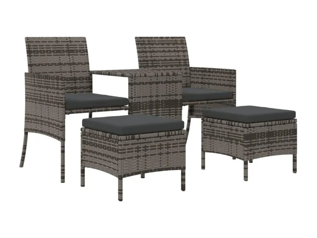 Sofá de jardín 2 plazas con mesa y taburetes ratán PE gris 96885BUML