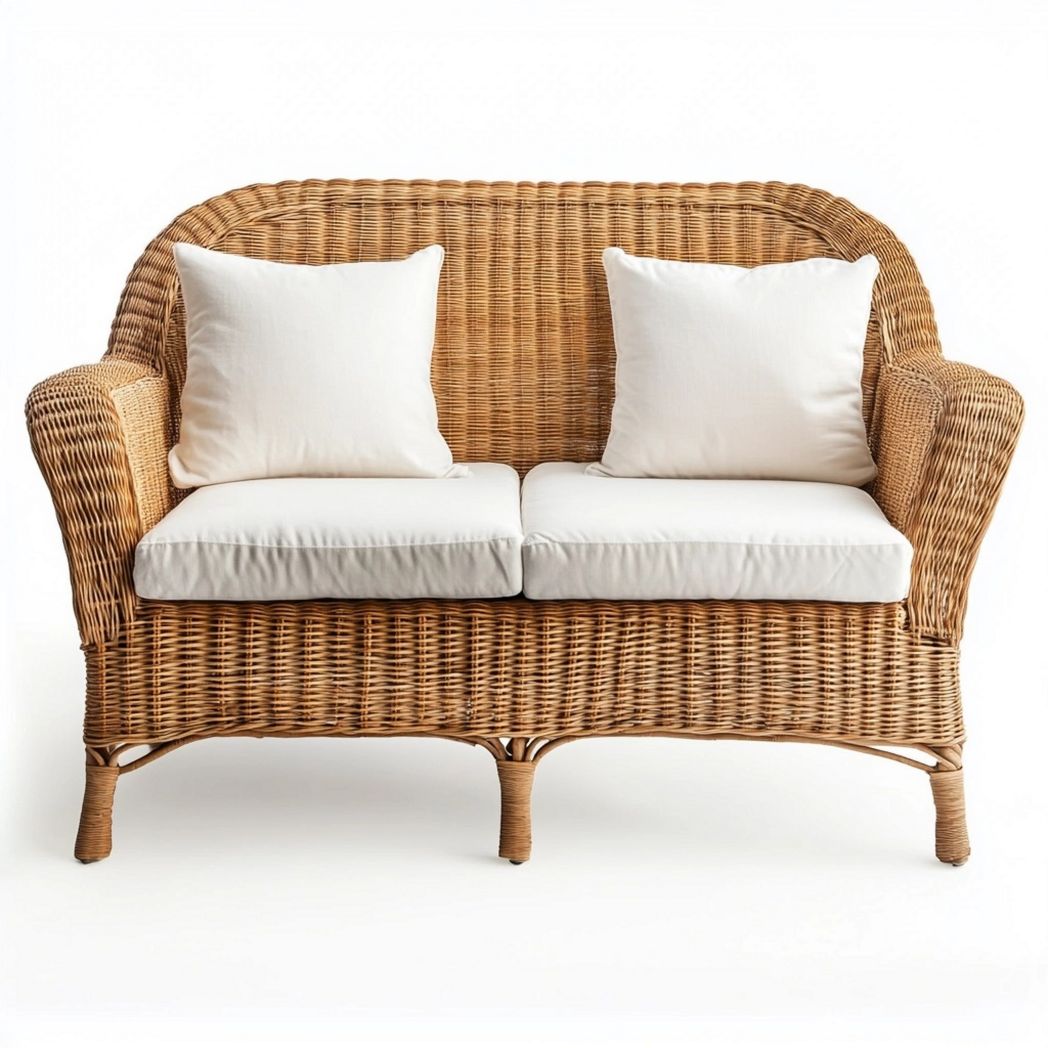 Sofá de Mimbre para Exteriores 2 Plazas con Cojines Blancos Patio Jardín 150x85x75 cm