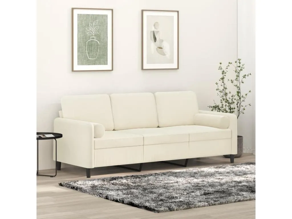 Sofá de 3 plazas con cojines terciopelo color crema 180 cm