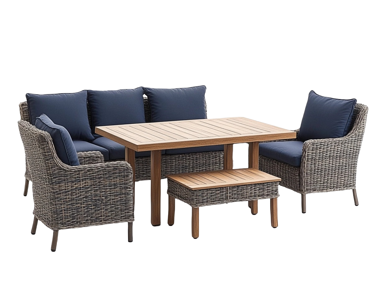 Conjunto de Muebles de Jardín Sofá y Mesa de Madera 5 Plazas Color Gris y Azul Material de Ratan vv8101290