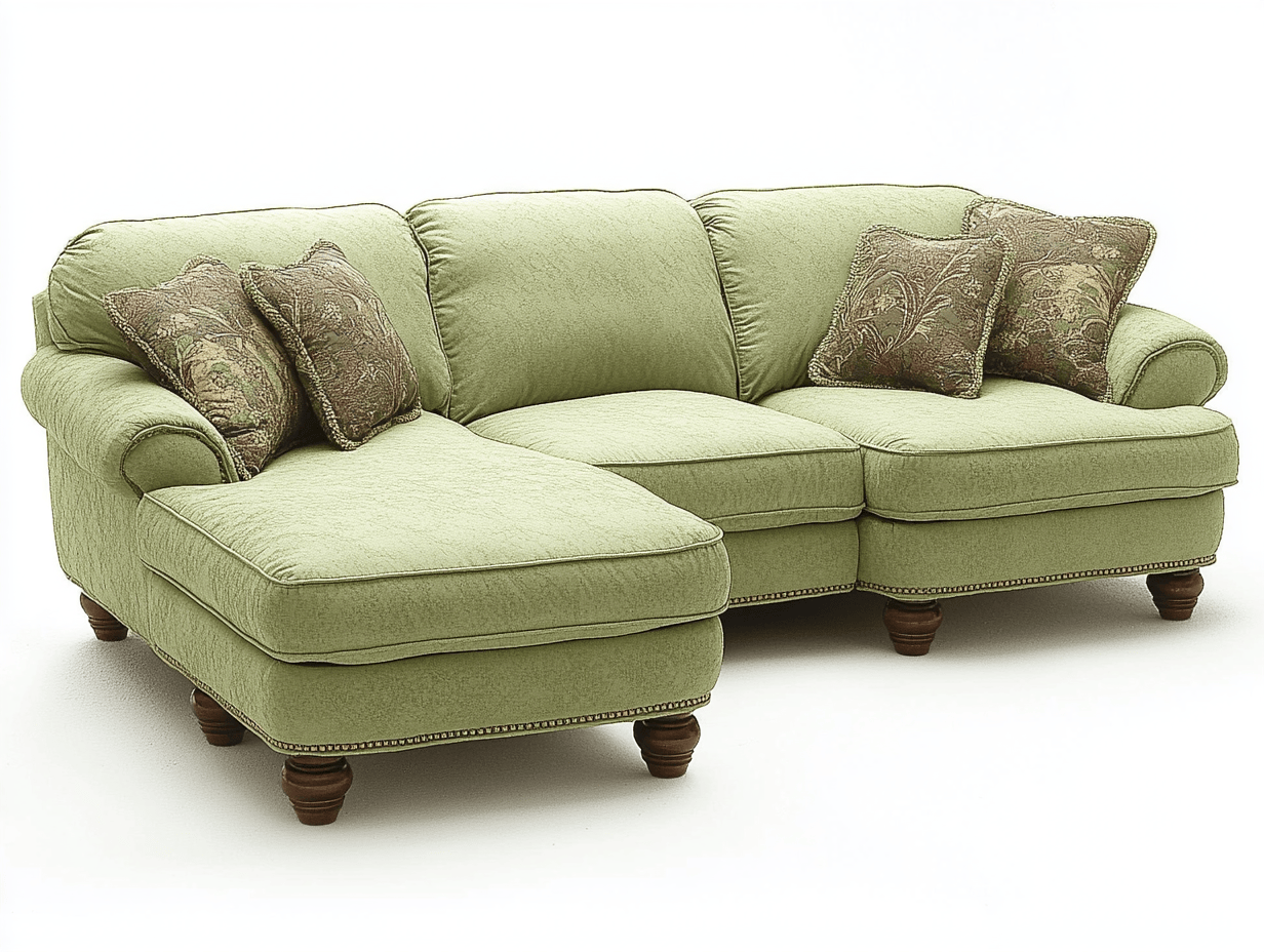 Sofá chaise longue clásico tapizado en tela verde con cojines decorativos y patas torneadas 240x165cm