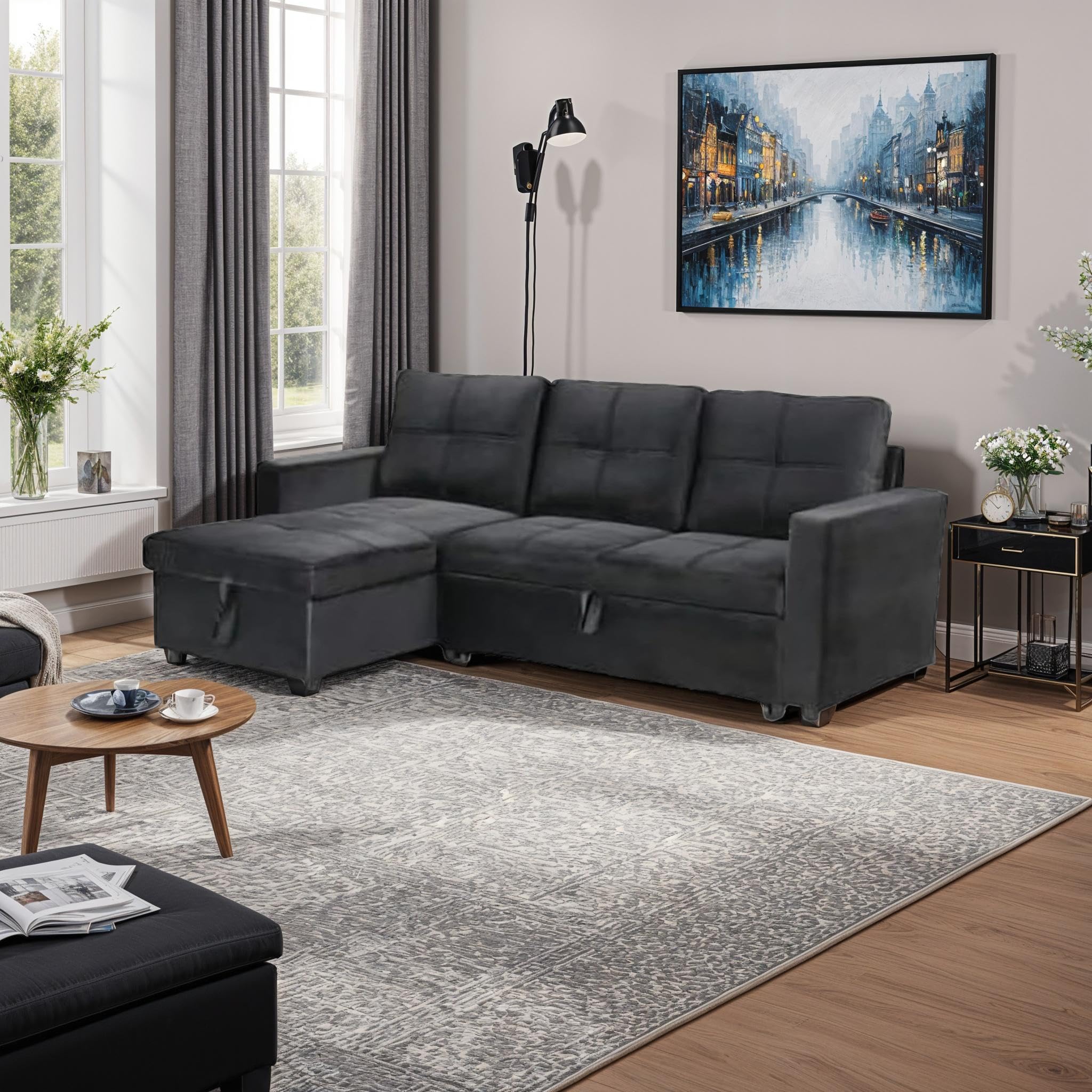 Sofá cama chaise longue moderno con almacenamiento negro