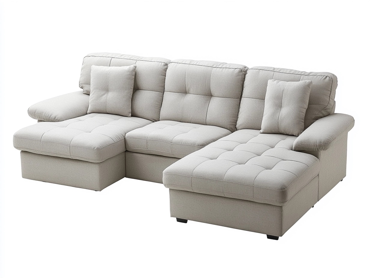 Sofá esquinero tapizado en tela beige para salón estilo moderno con chaise longue de 280x180 cm y estructura de madera bc7479636