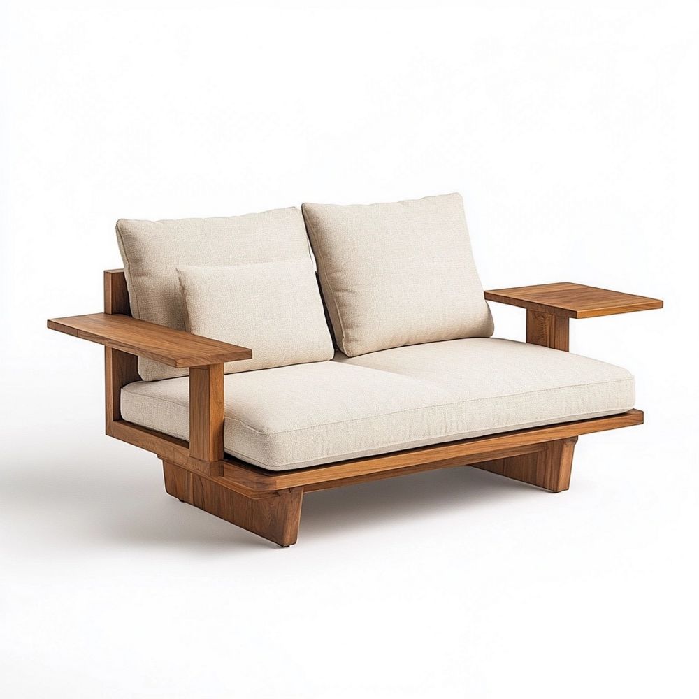 Sofá de dos plazas de roble macizo con cojines de lino blanco