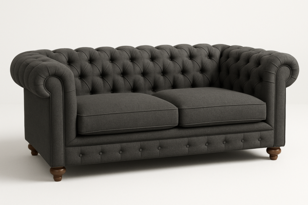 Sofá 2 Plazas Gris Oscuro con Respaldo Capitonné y Brazos Enrollados