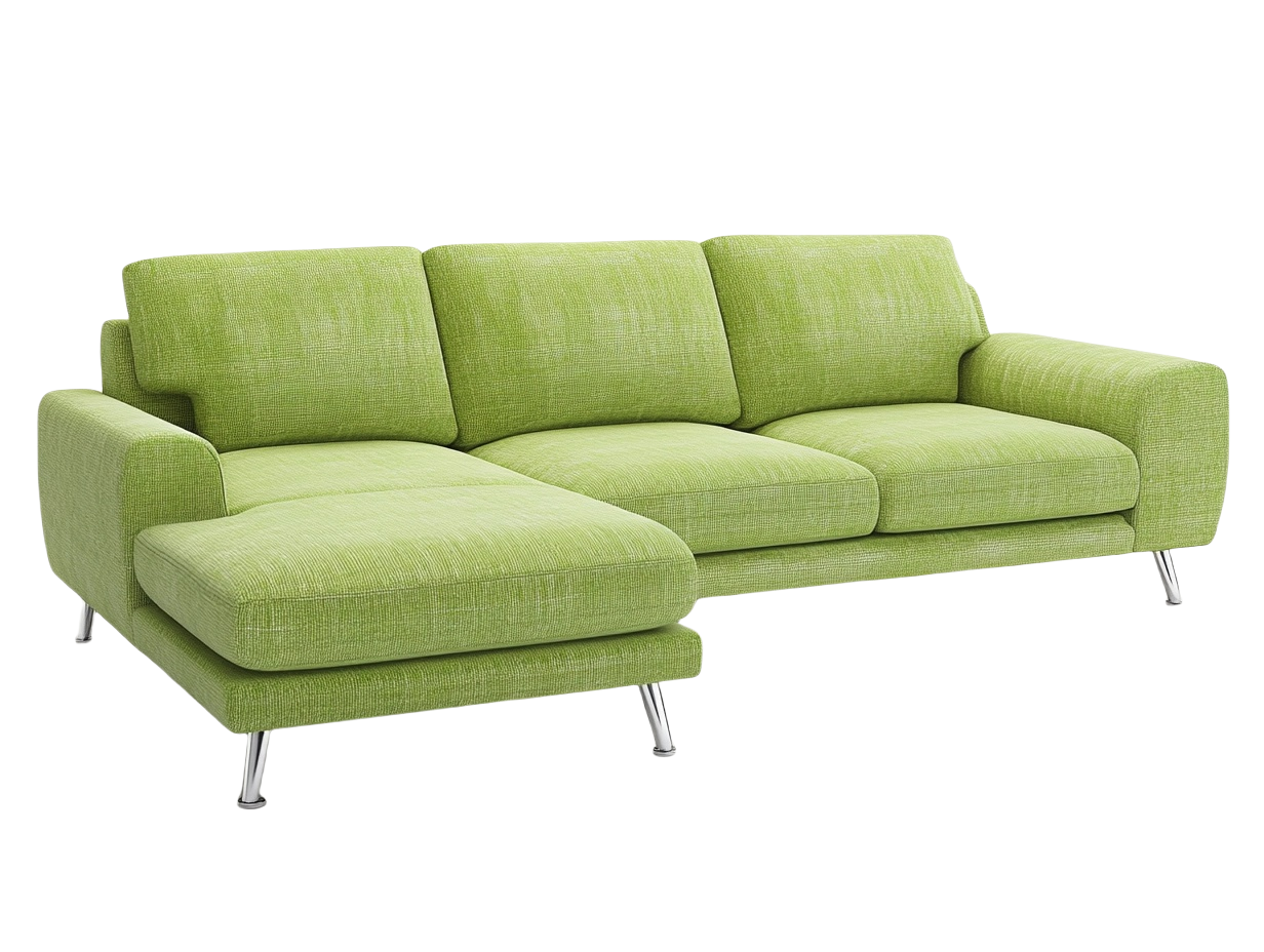 Sofá chaise longue tela lino sintético verde patas metal cromado 240x160x75 cm