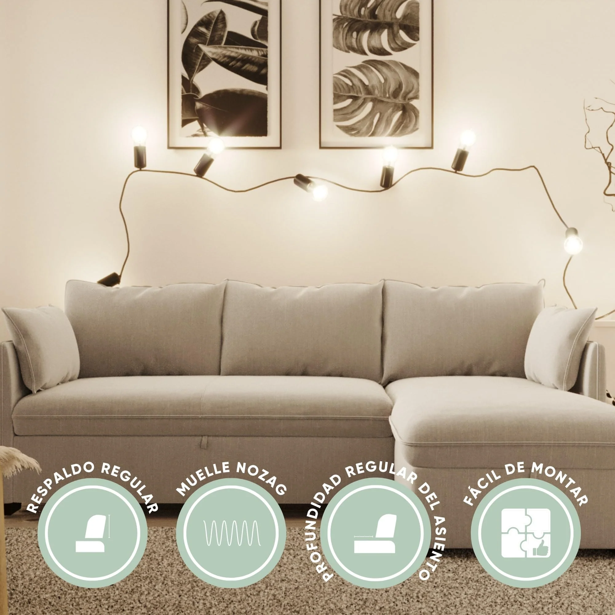 Sofá cama esquinero 4 plazas beige con arcón