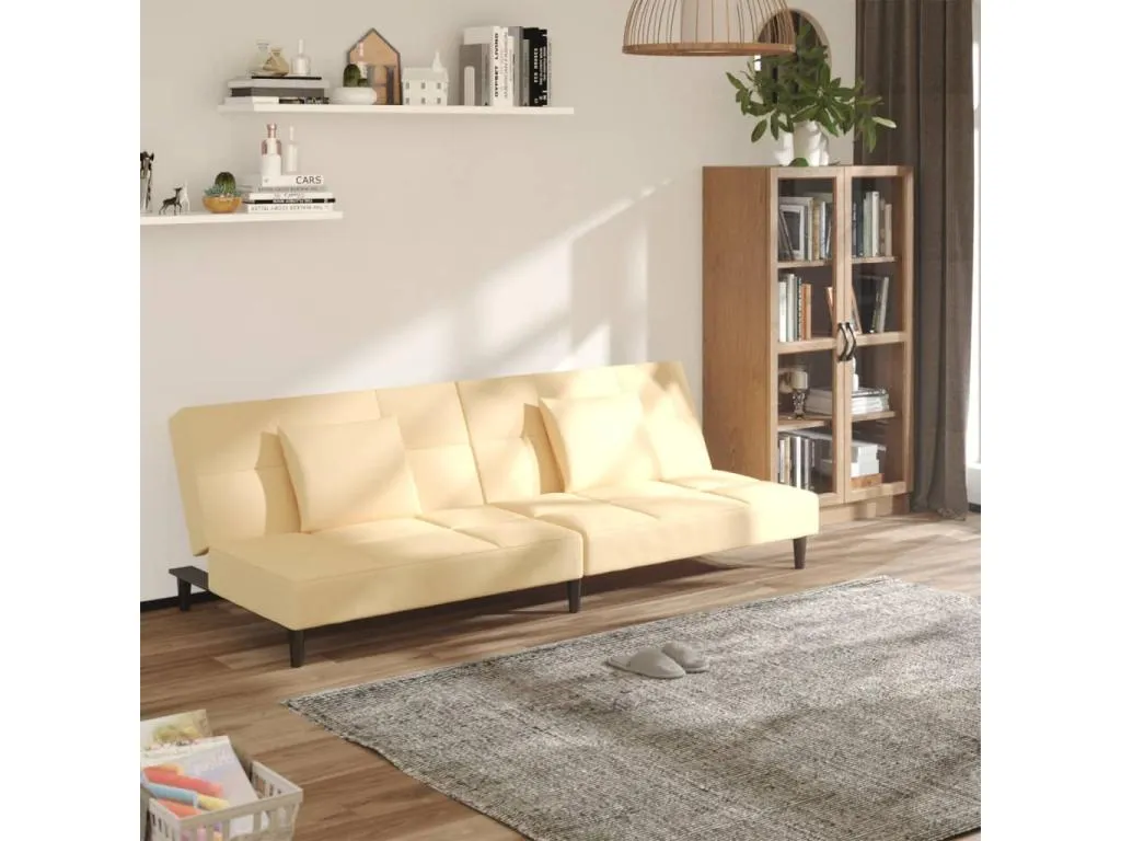 Sofá cama de 2 plazas con dos almohadas terciopelo color crema 04225nslz