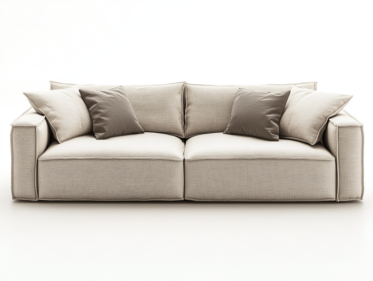 Sofá grande de dos plazas tapizado en tela beige con cojines incluidos 230x100 cm