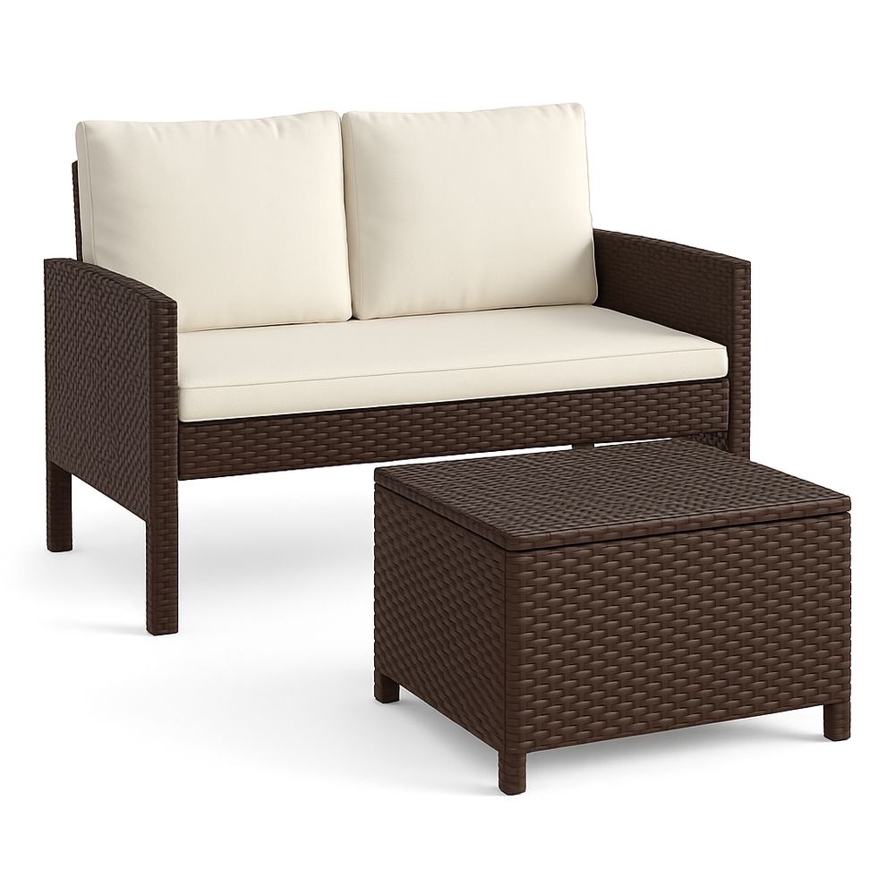 Conjunto de Muebles de Jardín Marrón Crema Mimbre Sintético Sofá 2 Plazas Cojines Exteriores