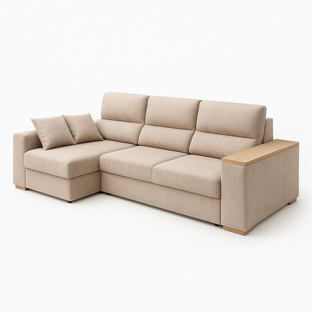 Sofá Seccional Beige de Tela Poliéster con Chaise Longue y Mesa Integrada 280x160 cm