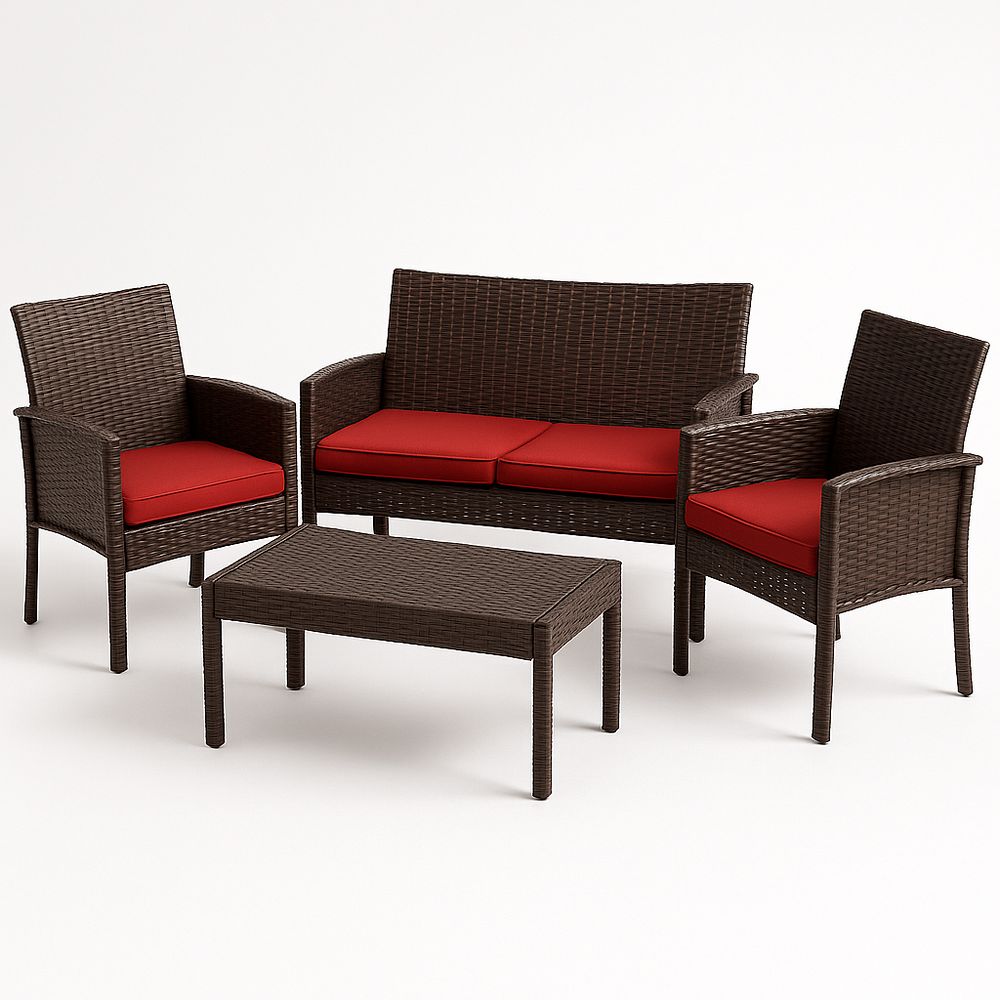 Conjunto de muebles de jardín de ratán marrón con cojines rojos, sofá 2 plazas, 2 sillones y mesa de centro