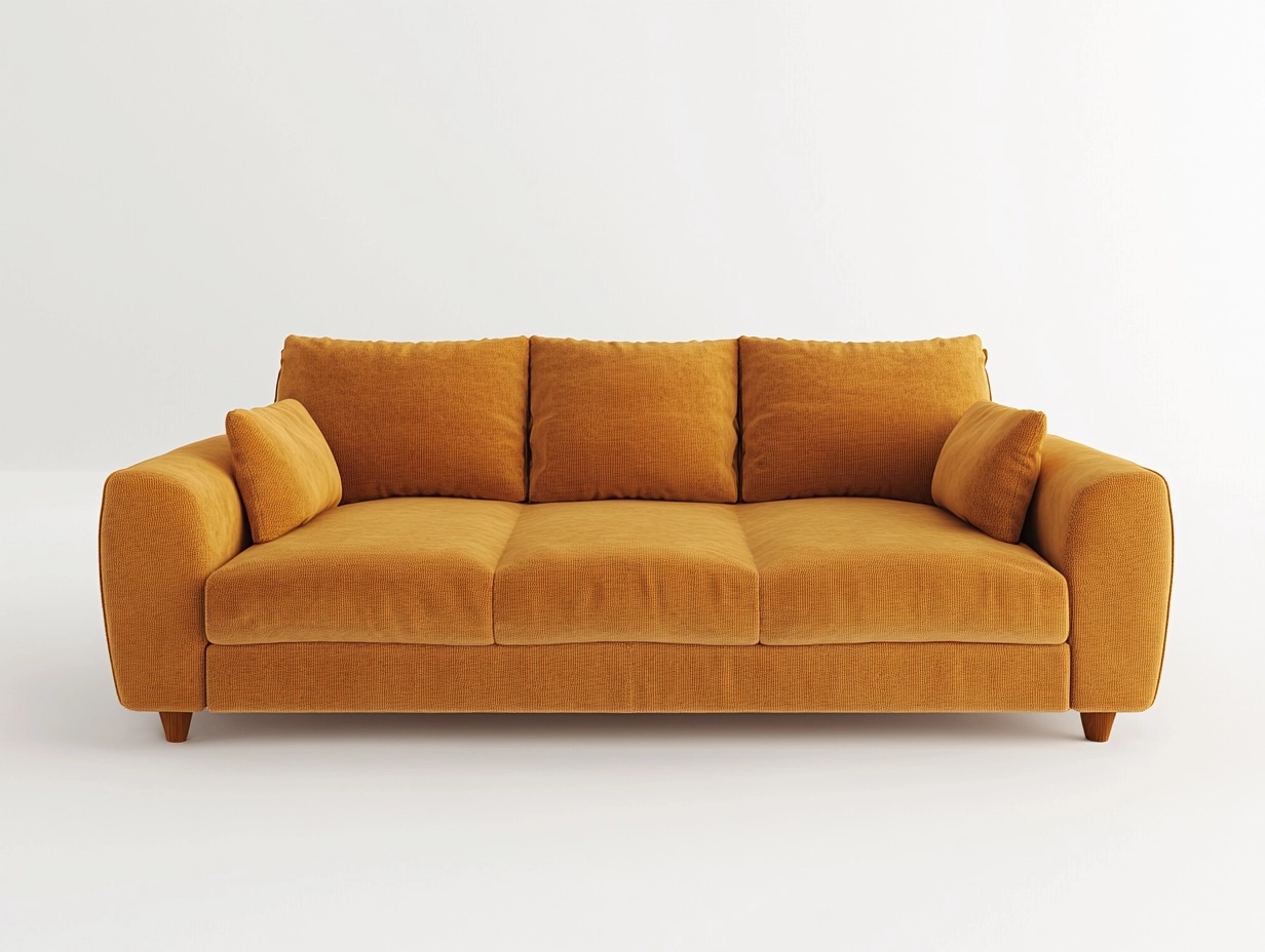 Sofá moderno de tres plazas con tapizado de tela mostaza y cojines incluidos