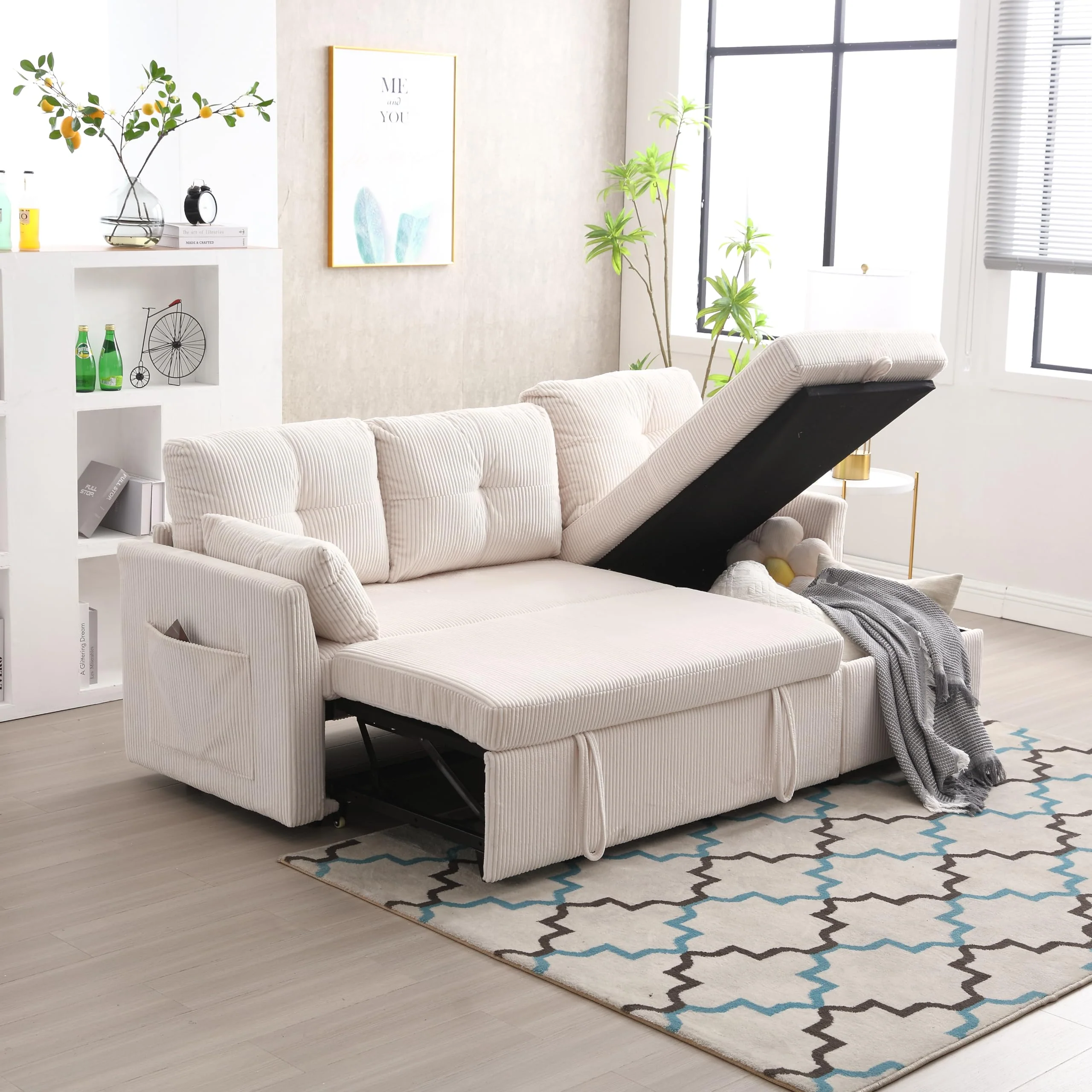 Sofá cama multifuncional en L beige con chaise longue