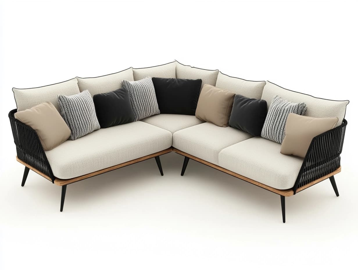 Sofá Esquinero de Algodón y Madera Natural de 5 Plazas en Beige/Negro