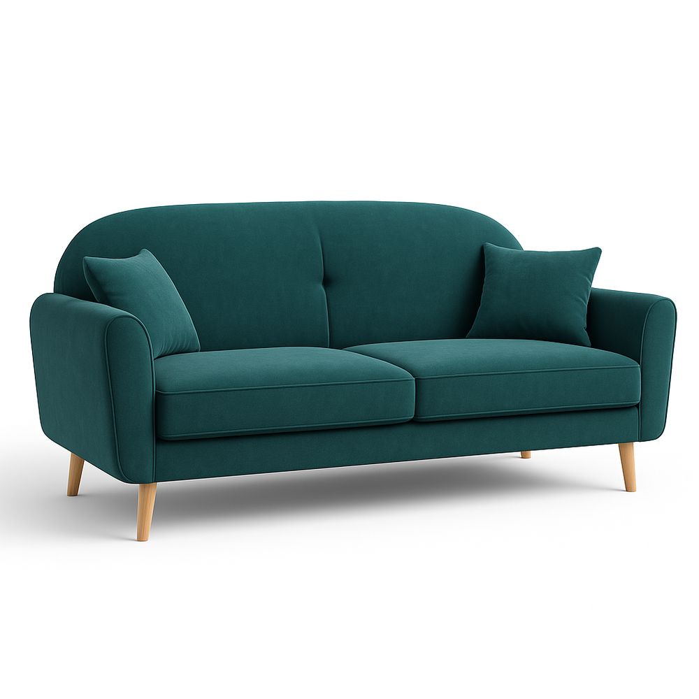 Sofá moderno de dos plazas en terciopelo verde esmeralda, con cojines incluidos, estructura de madera, estilo elegante y contemporáneo